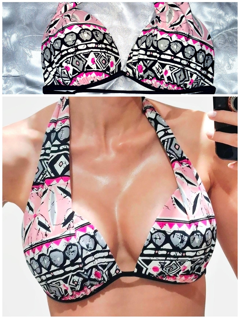 Venus Vintage Bikini Top Pink Black White Geometric Print Halter Tie back C Cup